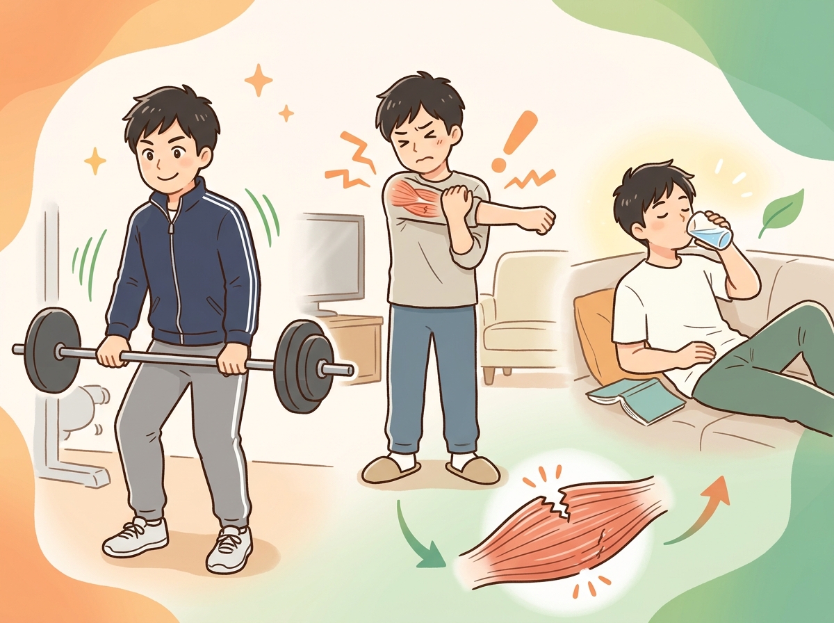 Professional illustration for article section about: 筋肉痛の基本知識とメカニズム. 日本人が理解しやすい自然で親しみやすい画像。写真のようなリアル