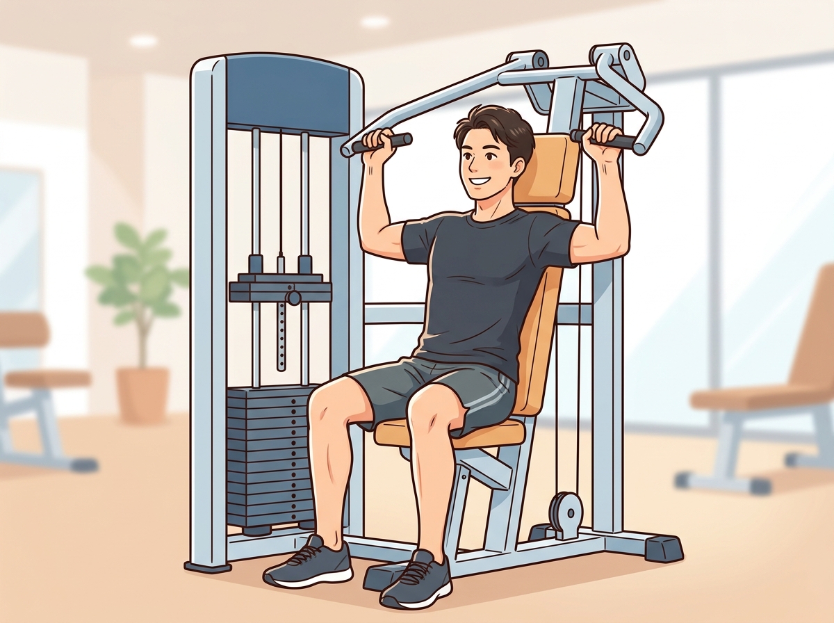 Professional illustration for article section about: マシンショルダープレスのコツ. 日本人が理解しやすい自然で親しみやすい画像。写真のようなリアル
