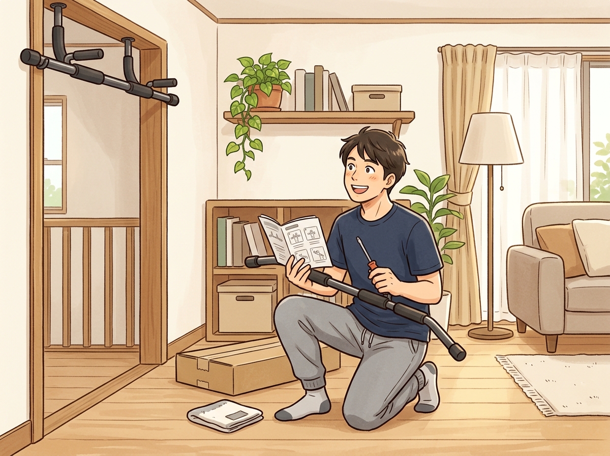 Professional illustration for article section about: 自宅で懸垂を始めるための準備. 日本人が理解しやすい自然で親しみやすい画像。写真のようなリアル