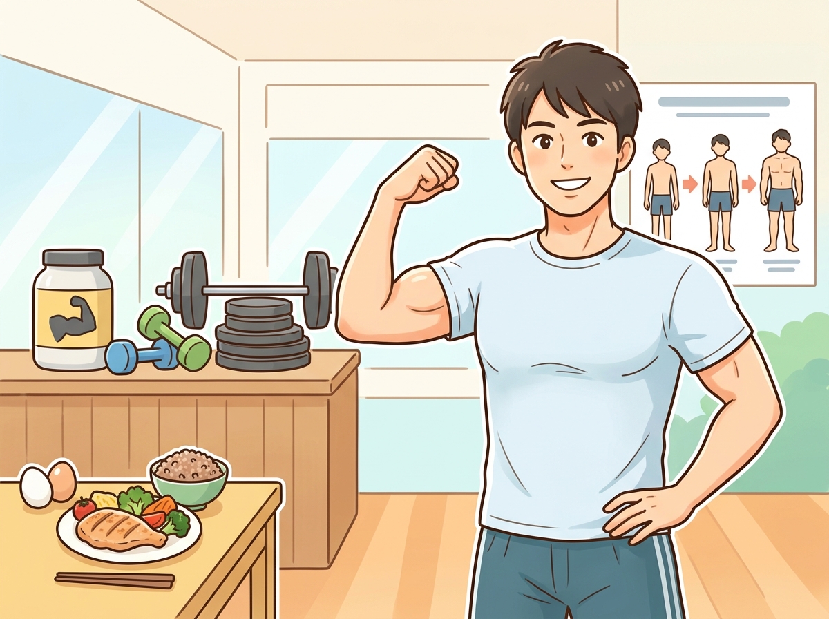 Professional illustration for article section about: バルクアップとは？基本概念を理解する. 日本人が理解しやすい自然で親しみやすい画像。写真のよう