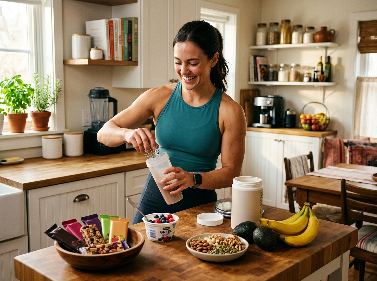 A vibrant, well-lit kitchen scene featuring a muscular woman preparing high-protein foods. On the co
