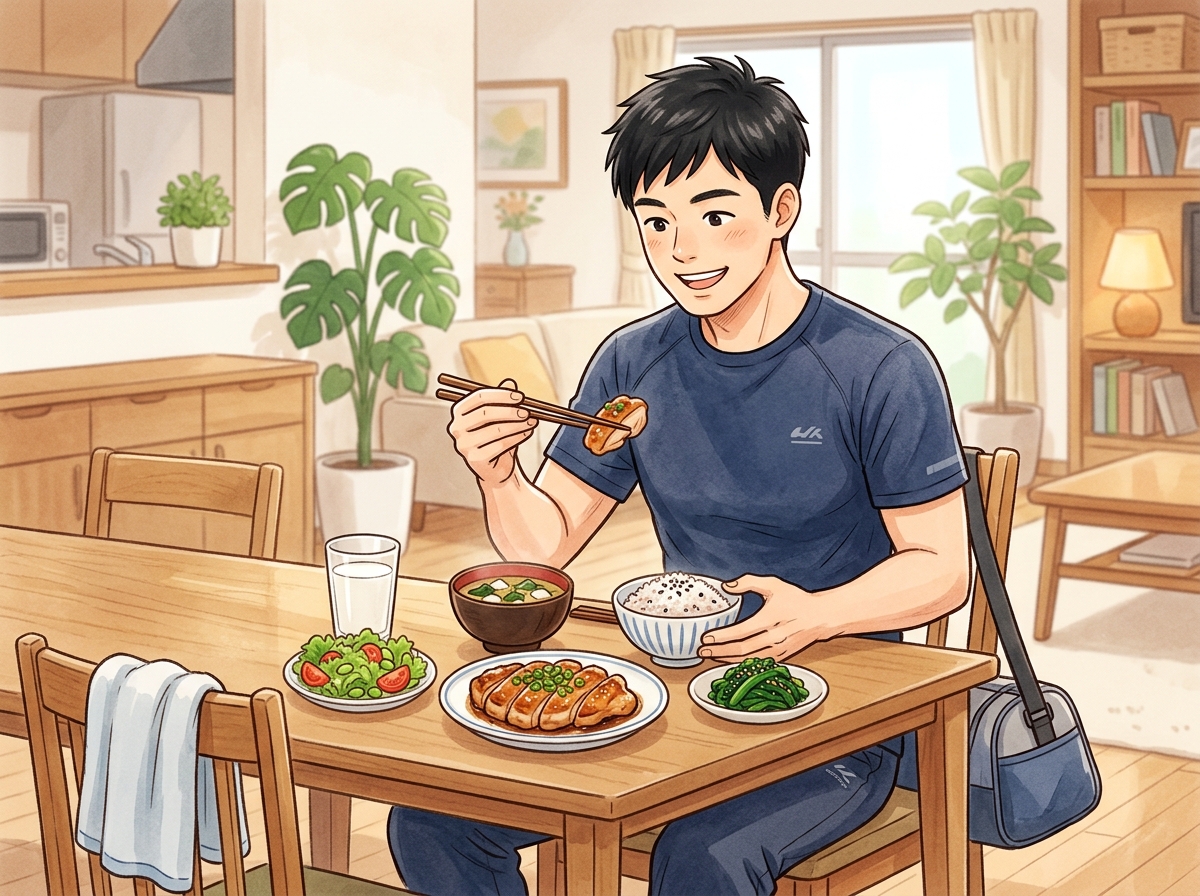 Professional illustration for article section about: 筋トレ後の食事の重要性. 日本人が理解しやすい自然で親しみやすい画像。写真のようなリアルさでは