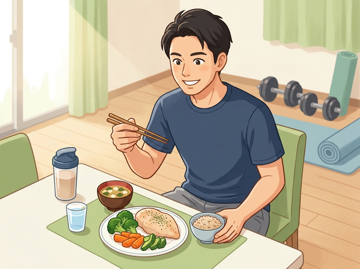 Professional illustration for article section about: 減量中の筋トレ食事法の基本. 日本人が理解しやすい自然で親しみやすい画像。写真のようなリアルさ