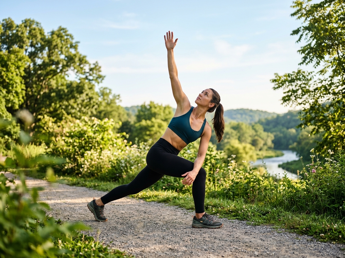 A fit individual engaged in a morning exercise routine outdoors, surrounded by a serene environment,