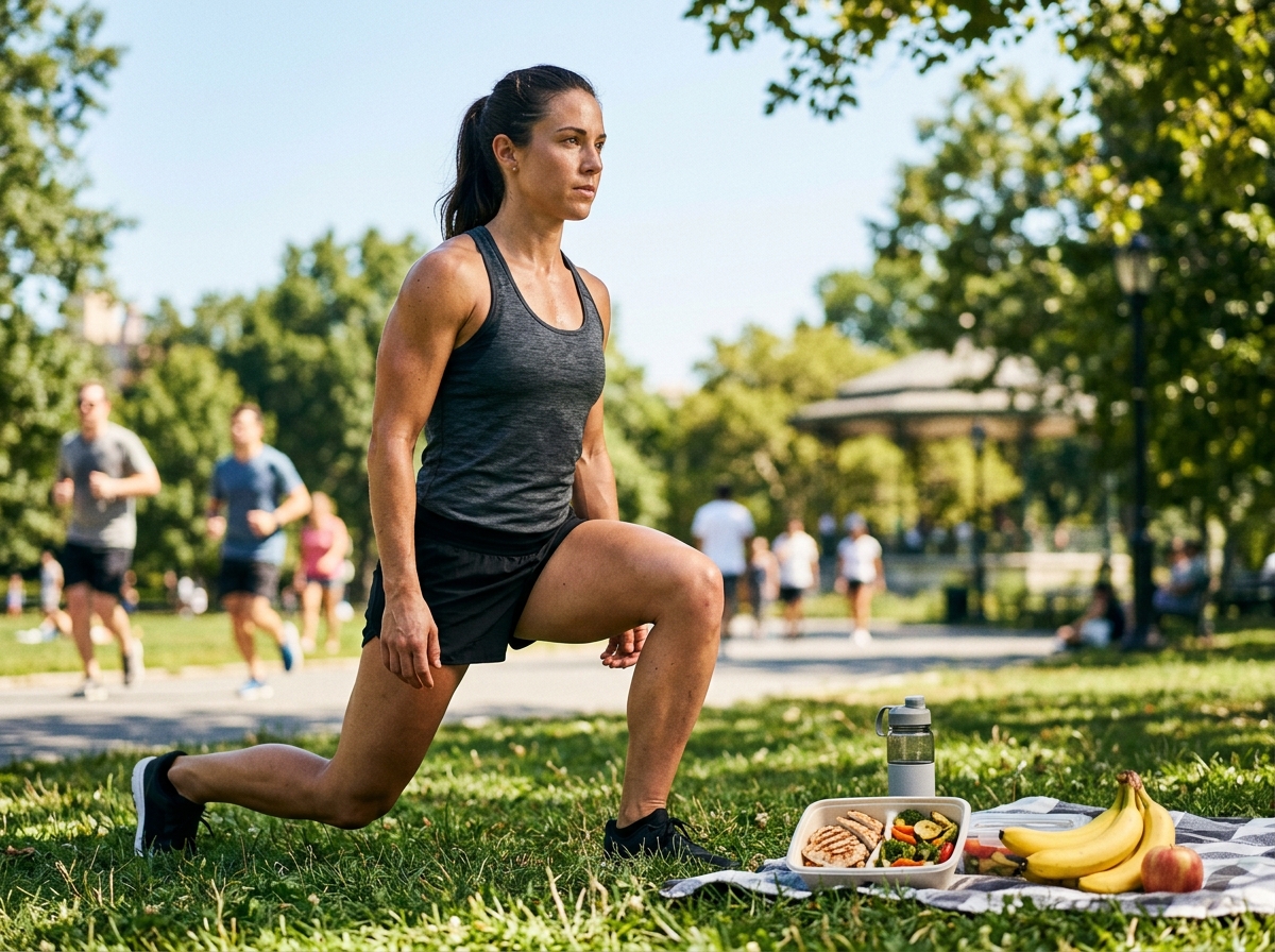 A muscular man or woman engaging in an outdoor workout, surrounded by healthy food options like bana