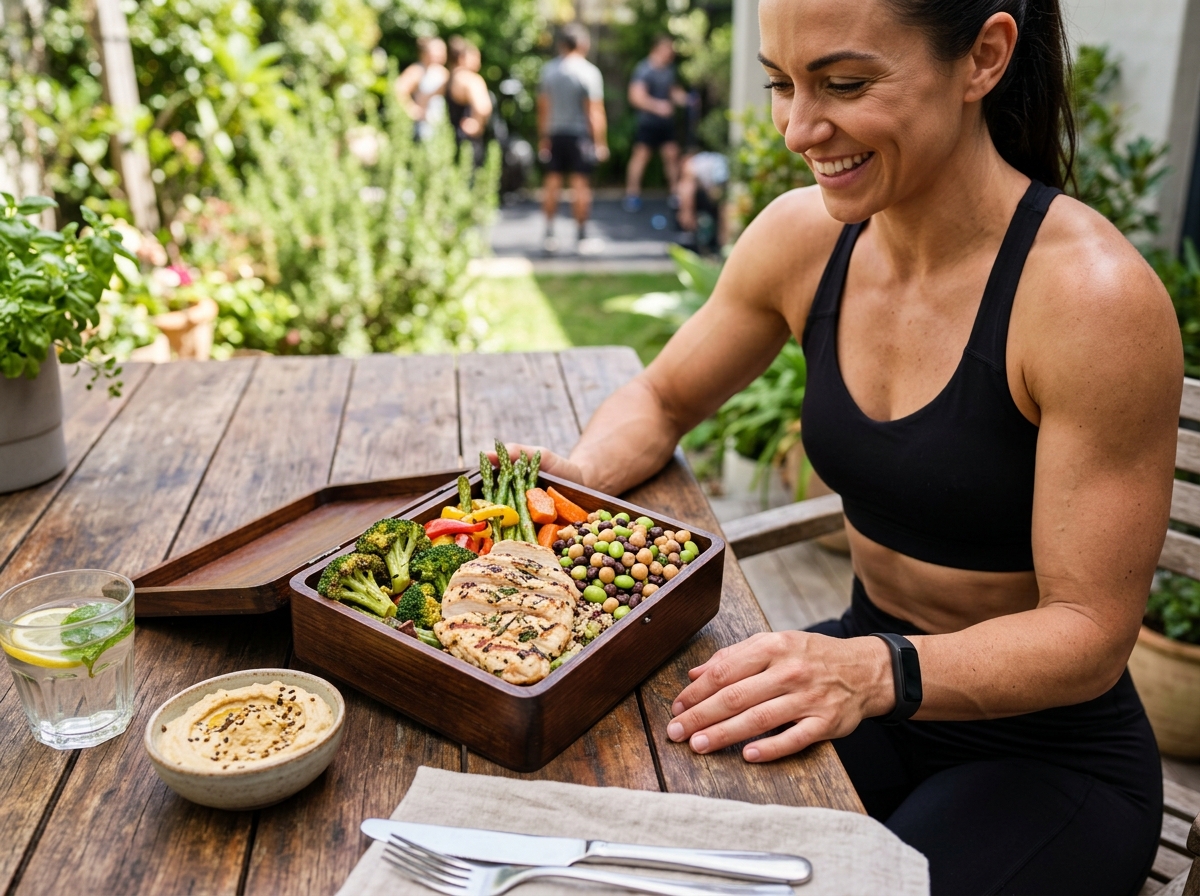 A realistic photo of a high-protein bento box filled with grilled chicken, vegetables, and legumes, 