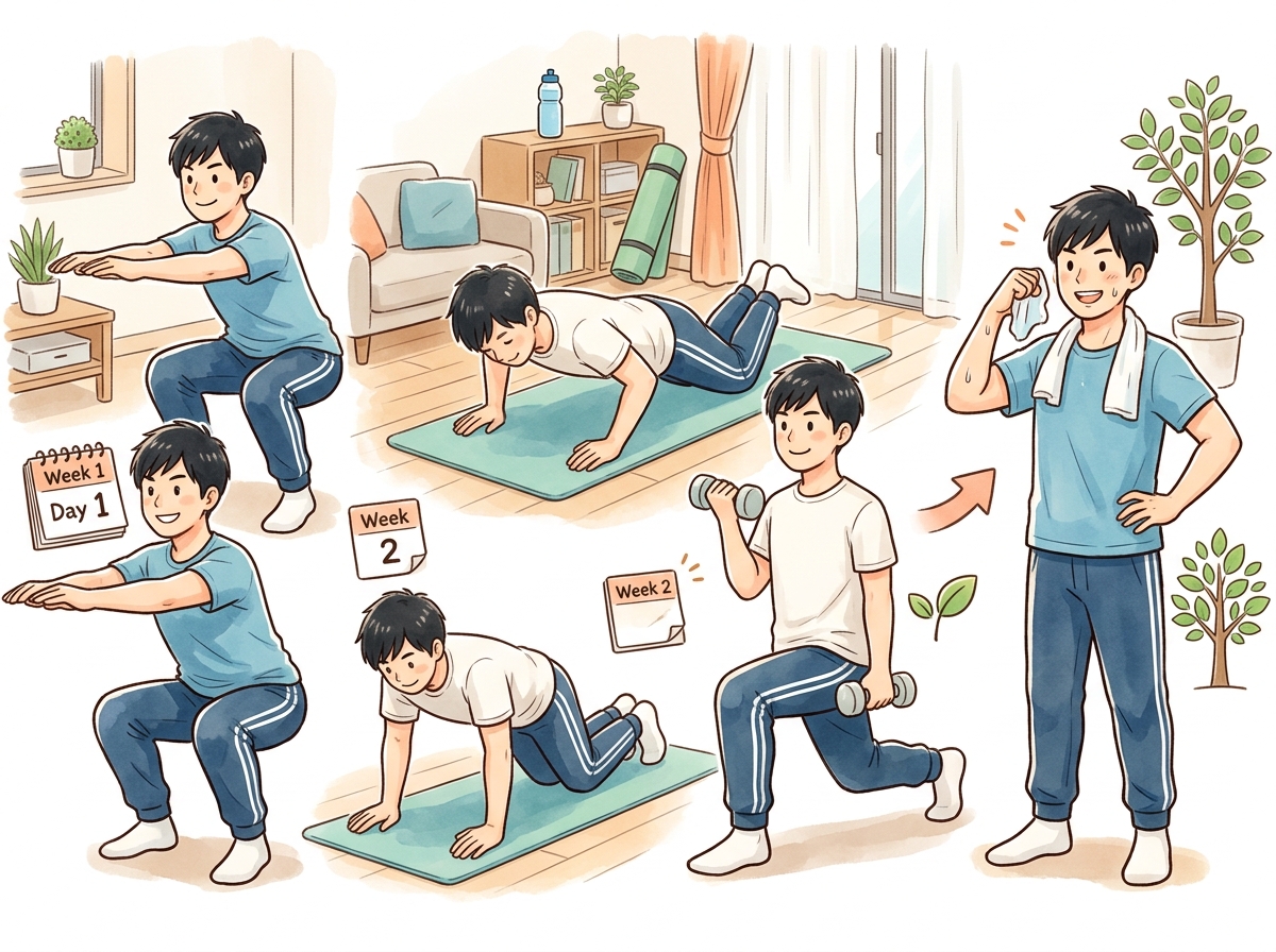 Professional illustration for article section about: 初心者向け筋トレメニュー例：週ごとのプラン. 日本人が理解しやすい自然で親しみやすい画像。写真