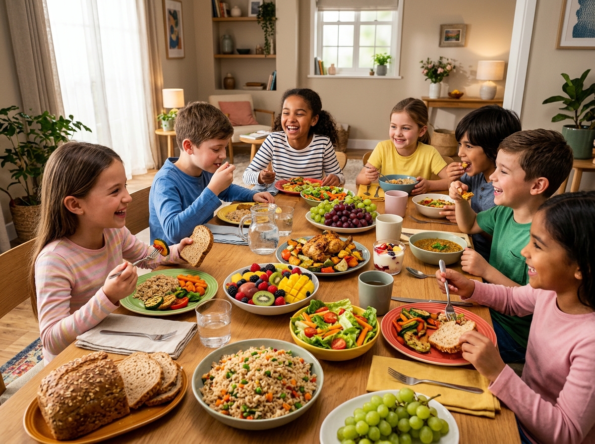 A vibrant, visually appealing dining table set with a variety of colorful, nutritious foods such as 
