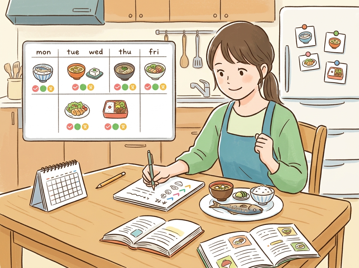 Professional illustration for article section about: 効果的な食事プランの作り方. 日本人が理解しやすい自然で親しみやすい画像。写真のようなリアルさ