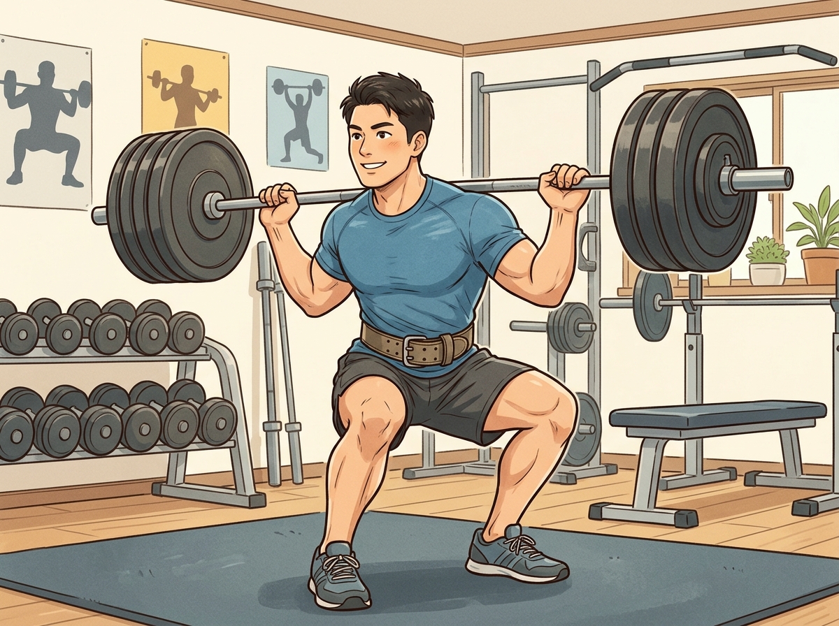 Professional illustration for article section about: 上級者向け筋肥大プログラム例. 日本人が理解しやすい自然で親しみやすい画像。写真のようなリアル