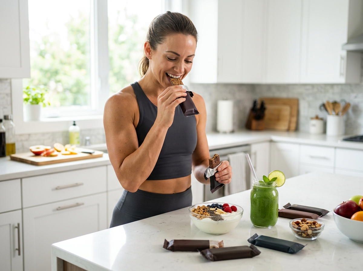 A well-toned person snacking on a variety of high-protein snacks in a brightly lit, modern kitchen, 
