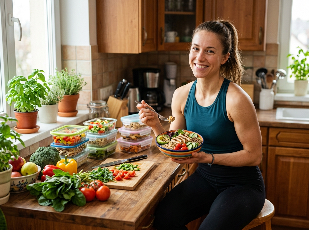 A fit man or woman in athletic wear enjoying a healthy meal in a cozy home kitchen, surrounded by fr