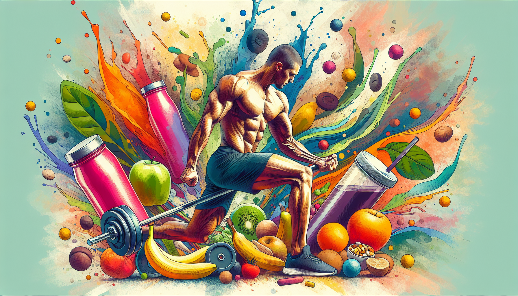 A vibrant illustration depicting a muscular person engaged in a workout, surrounded by healthy foods