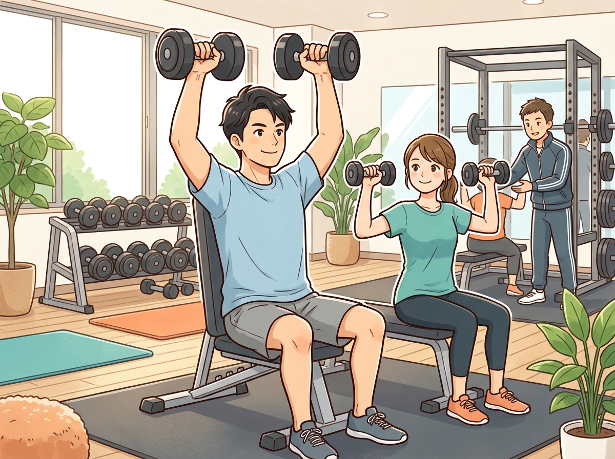 Professional illustration for article section about: ショルダープレスを取り入れたトレーニングプラン. 日本人が理解しやすい自然で親しみやすい画像。
