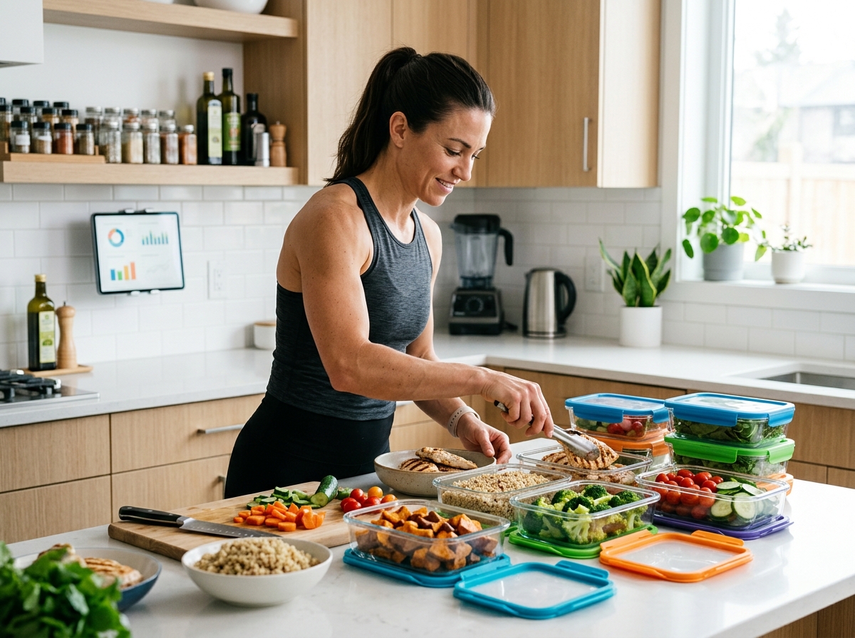 A muscular man or woman preparing a healthy meal in a modern kitchen, surrounded by fresh ingredient