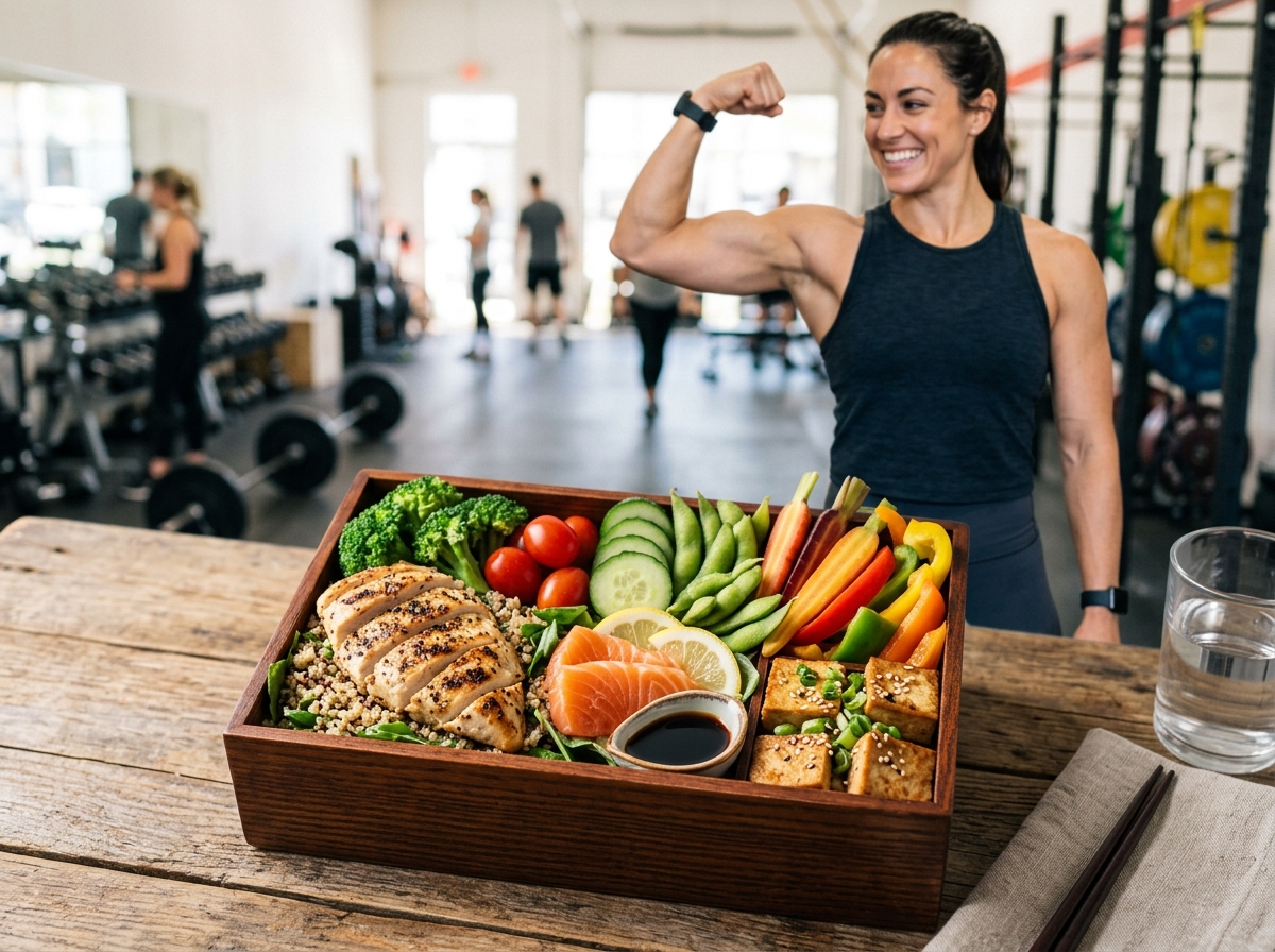 A visually appealing dish featuring a high-protein bento box, showcasing grilled chicken breast, sal
