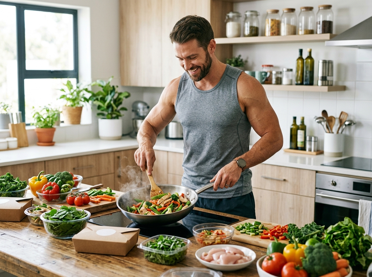 A muscular individual, either male or female, preparing a healthy meal in a modern kitchen filled wi
