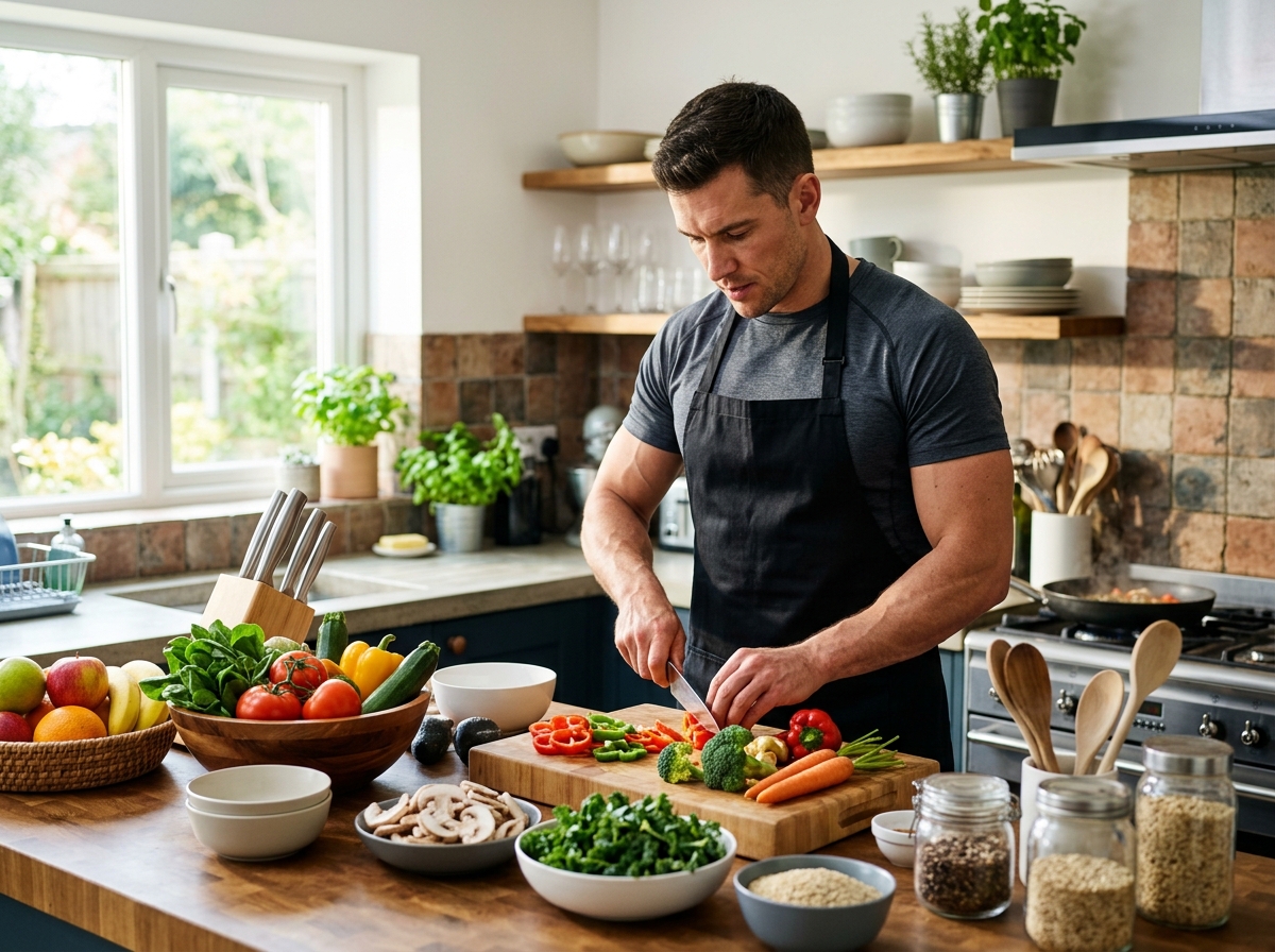 A muscular person preparing healthy meals in a vibrant kitchen, surrounded by fresh ingredients and 