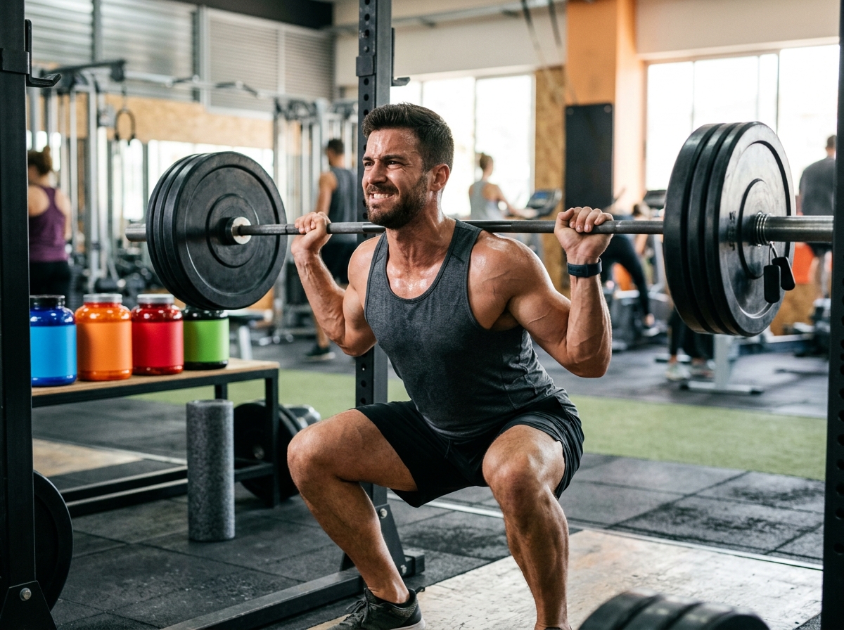 A muscular man engaged in an intense workout, surrounded by modern fitness equipment like a smart fi