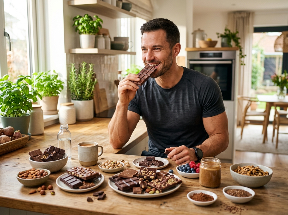 A visually appealing scene featuring a muscular person enjoying high-protein chocolate in a bright, 