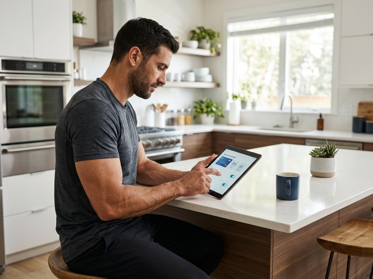 A muscular individual adjusting their payment settings on a digital device, surrounded by a clean an