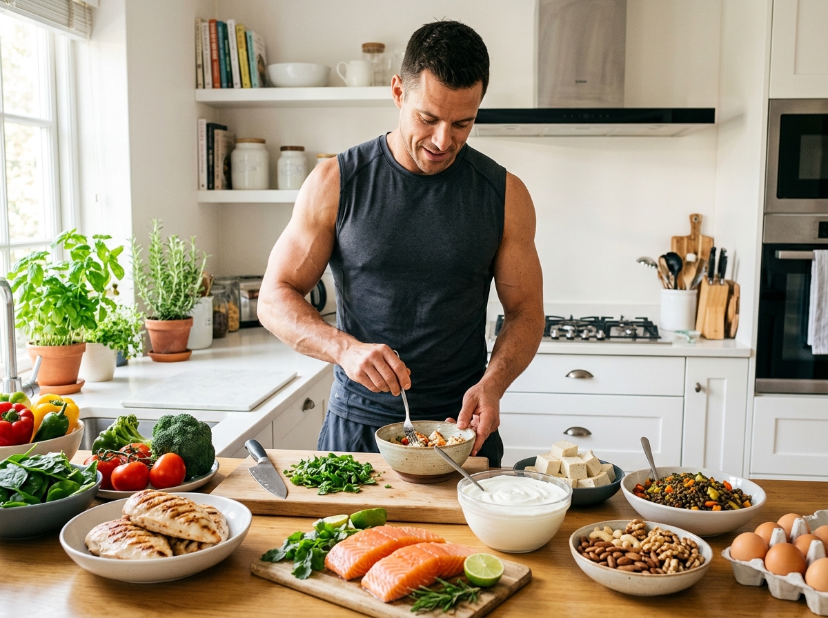 A muscular man or woman standing in a bright kitchen, surrounded by a variety of high-protein foods 