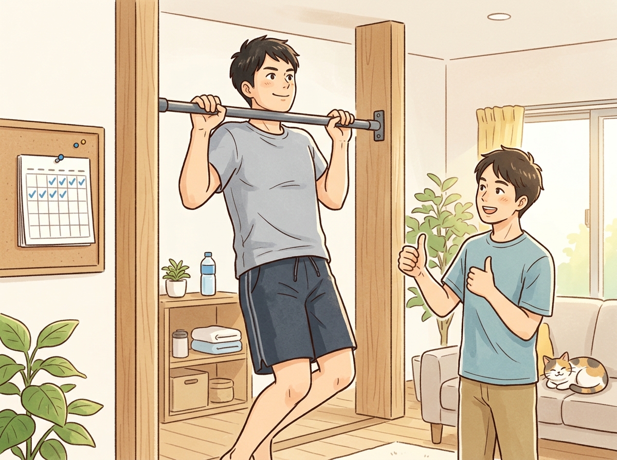Professional illustration for article section about: 懸垂を継続するためのモチベーション維持法. 日本人が理解しやすい自然で親しみやすい画像。写真の