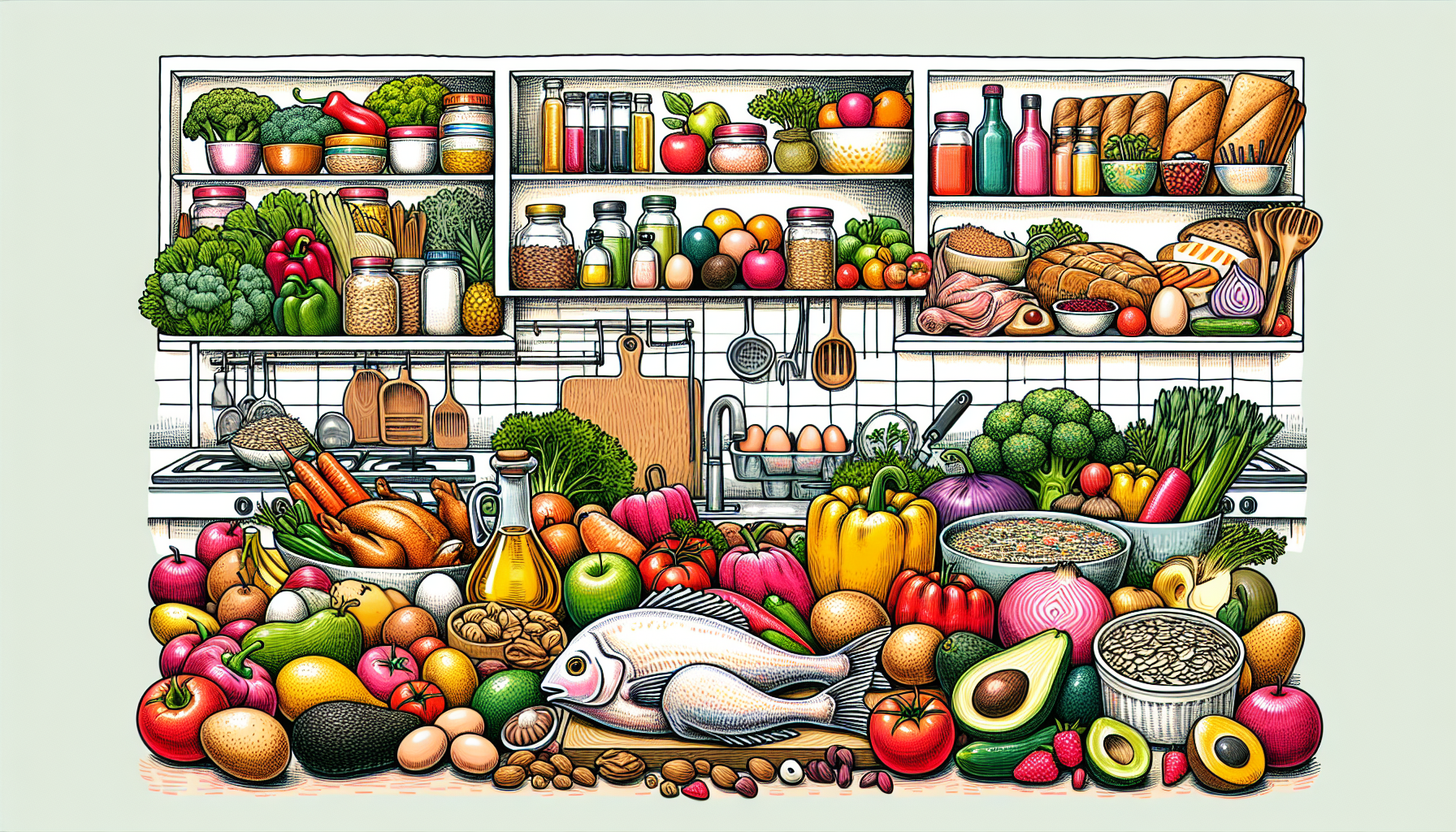 An illustration depicting a vibrant kitchen scene with a diverse array of healthy foods prominently 