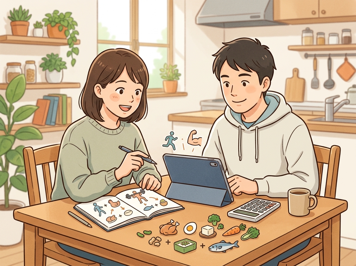 Professional illustration for article section about: 必要なプロテイン量の計算方法. 日本人が理解しやすい自然で親しみやすい画像。写真のようなリアル