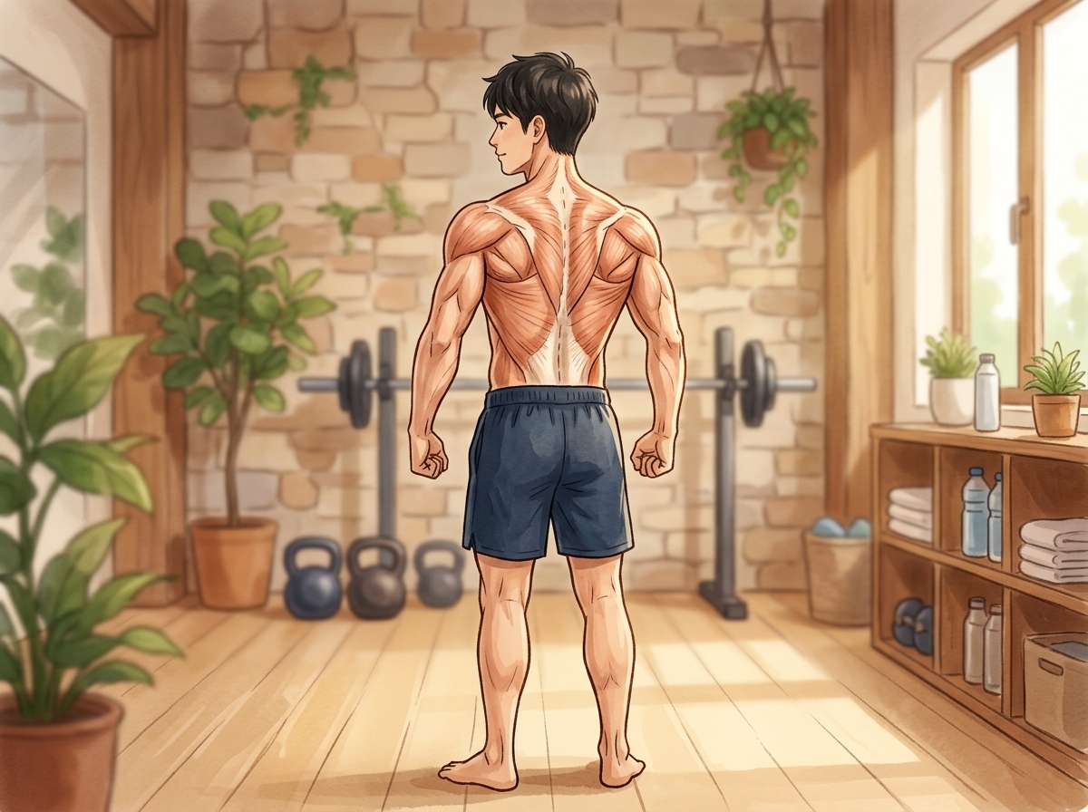 Professional illustration for article section about: 背中の筋肉の基礎知識. 日本人が理解しやすい自然で親しみやすい画像。写真のようなリアルさではな