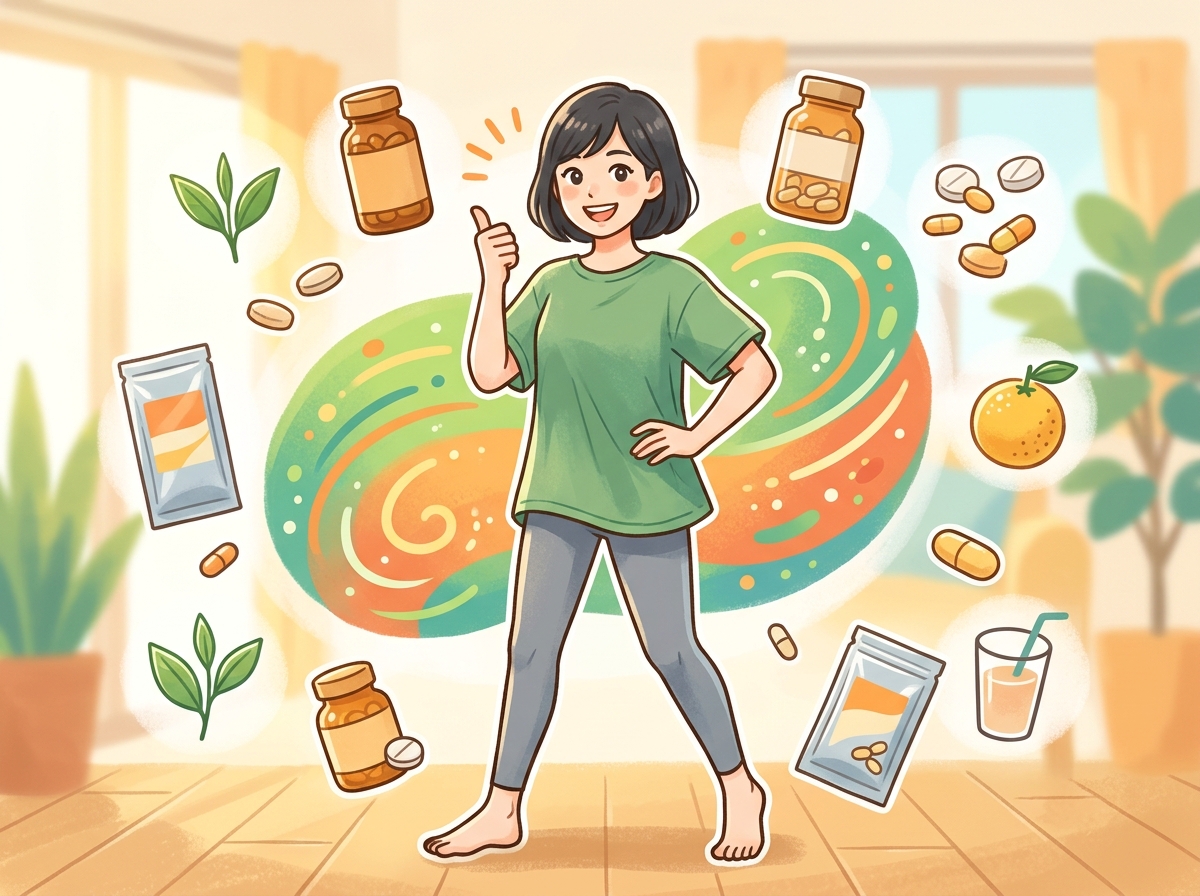 Professional illustration for article section about: 減量を加速させる栄養補助食品. 日本人が理解しやすい自然で親しみやすい画像。写真のようなリアル