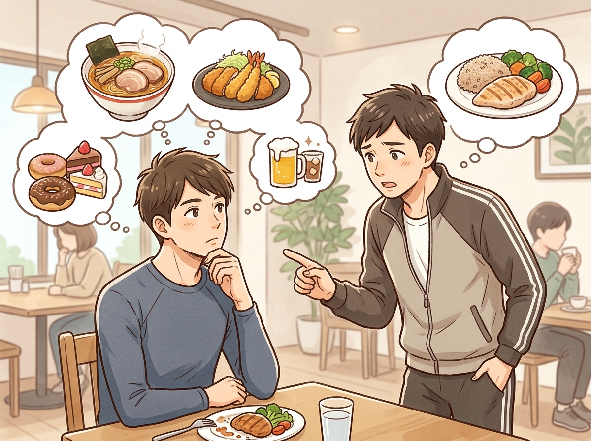 Professional illustration for article section about: 筋トレ後に避けたい食事パターン. 日本人が理解しやすい自然で親しみやすい画像。写真のようなリア