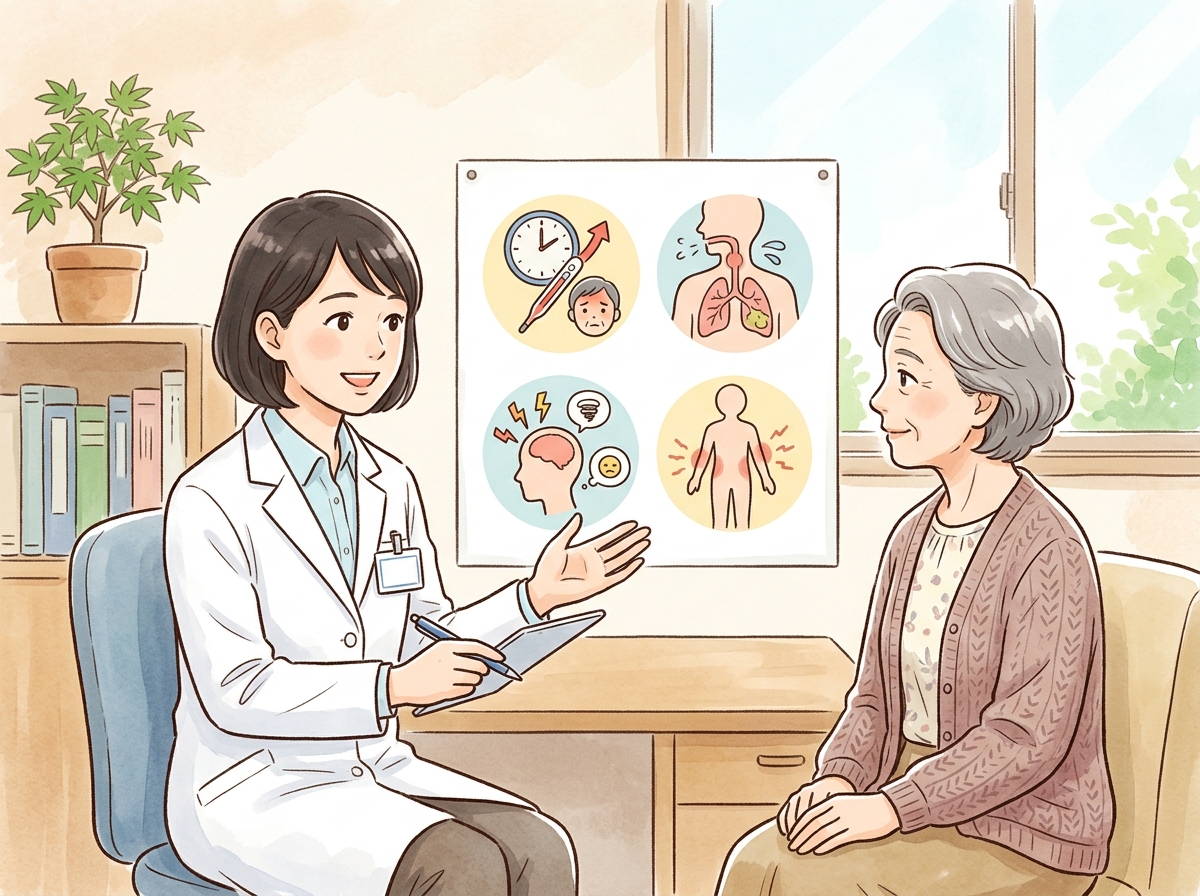 Professional illustration for article section about: 症状を見分けるポイント. 日本人が理解しやすい自然で親しみやすい画像。写真のようなリアルさでは