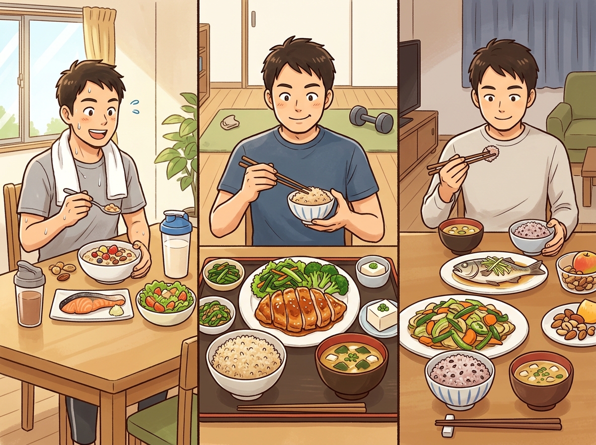 Professional illustration for article section about: 細マッチョを目指す1日の食事プラン. 日本人が理解しやすい自然で親しみやすい画像。写真のような