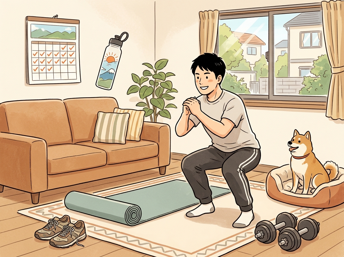 Professional illustration for article section about: 筋トレを続けるための環境づくり. 日本人が理解しやすい自然で親しみやすい画像。写真のようなリア