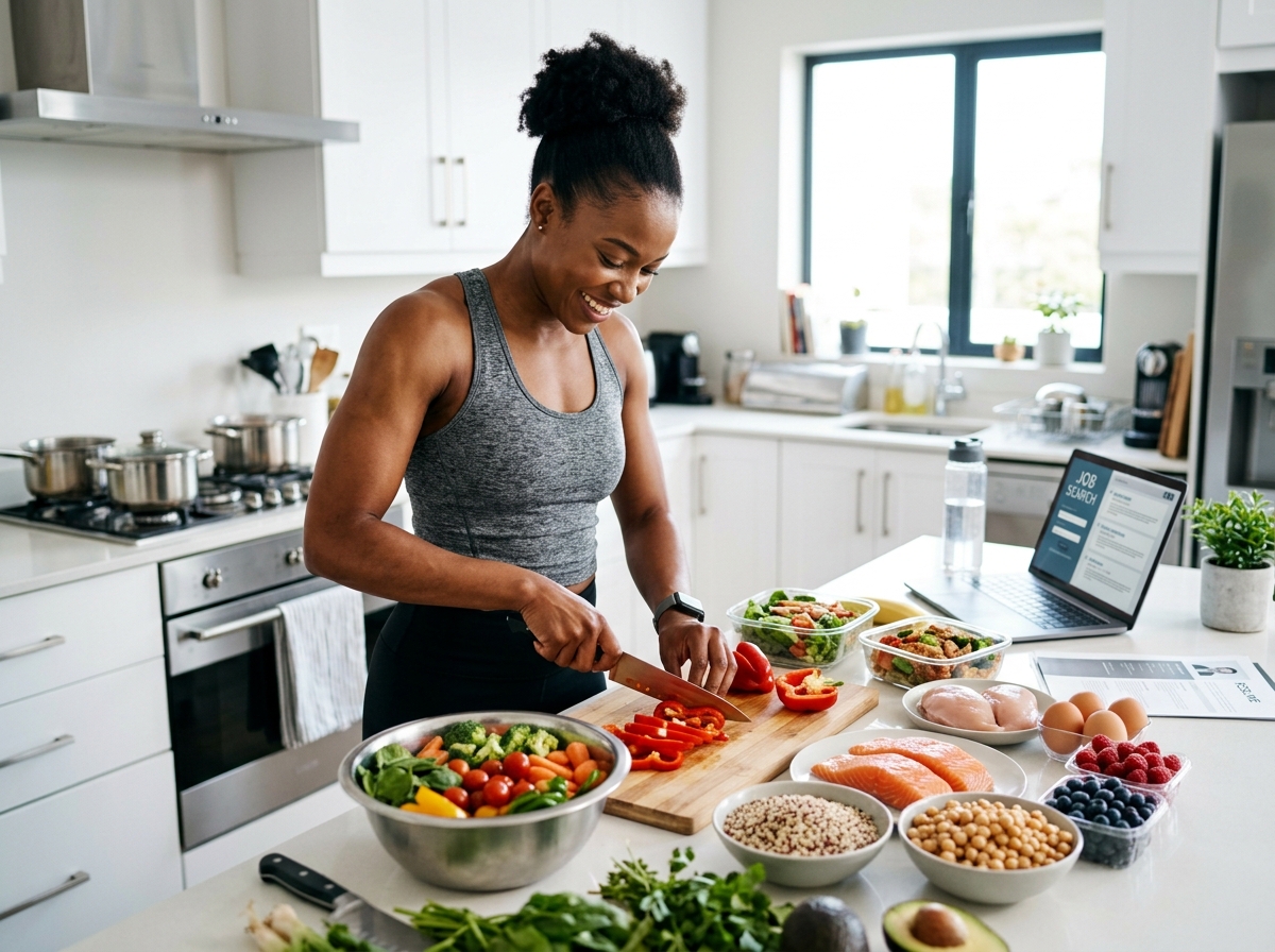 A strong, athletic person preparing healthy meals in a modern kitchen, showcasing colorful, balanced
