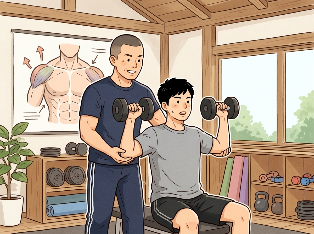 Professional illustration for article section about: 肩を大きくするための基本知識. 日本人が理解しやすい自然で親しみやすい画像。写真のようなリアル