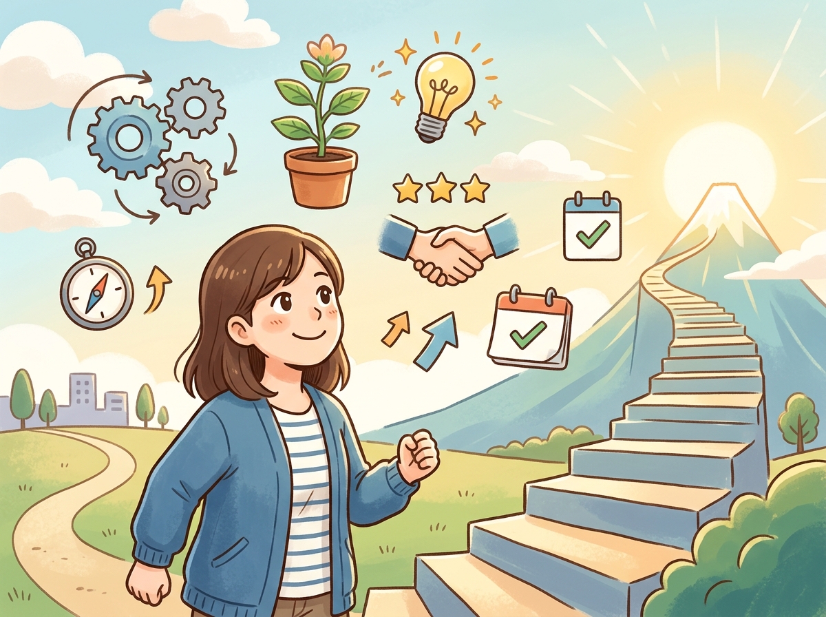 Professional illustration for article section about: 心理学的アプローチでモチベーションを高める. 日本人が理解しやすい自然で親しみやすい画像。写真