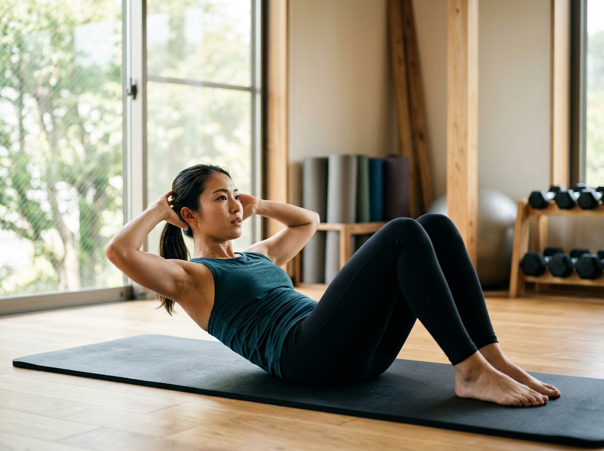 A fit person performing crunches on a gym mat, focusing on engaging their core muscles, with natural