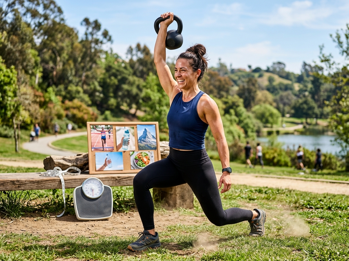 A fit man or woman in workout attire, surrounded by motivational elements like a scale, a measuring 