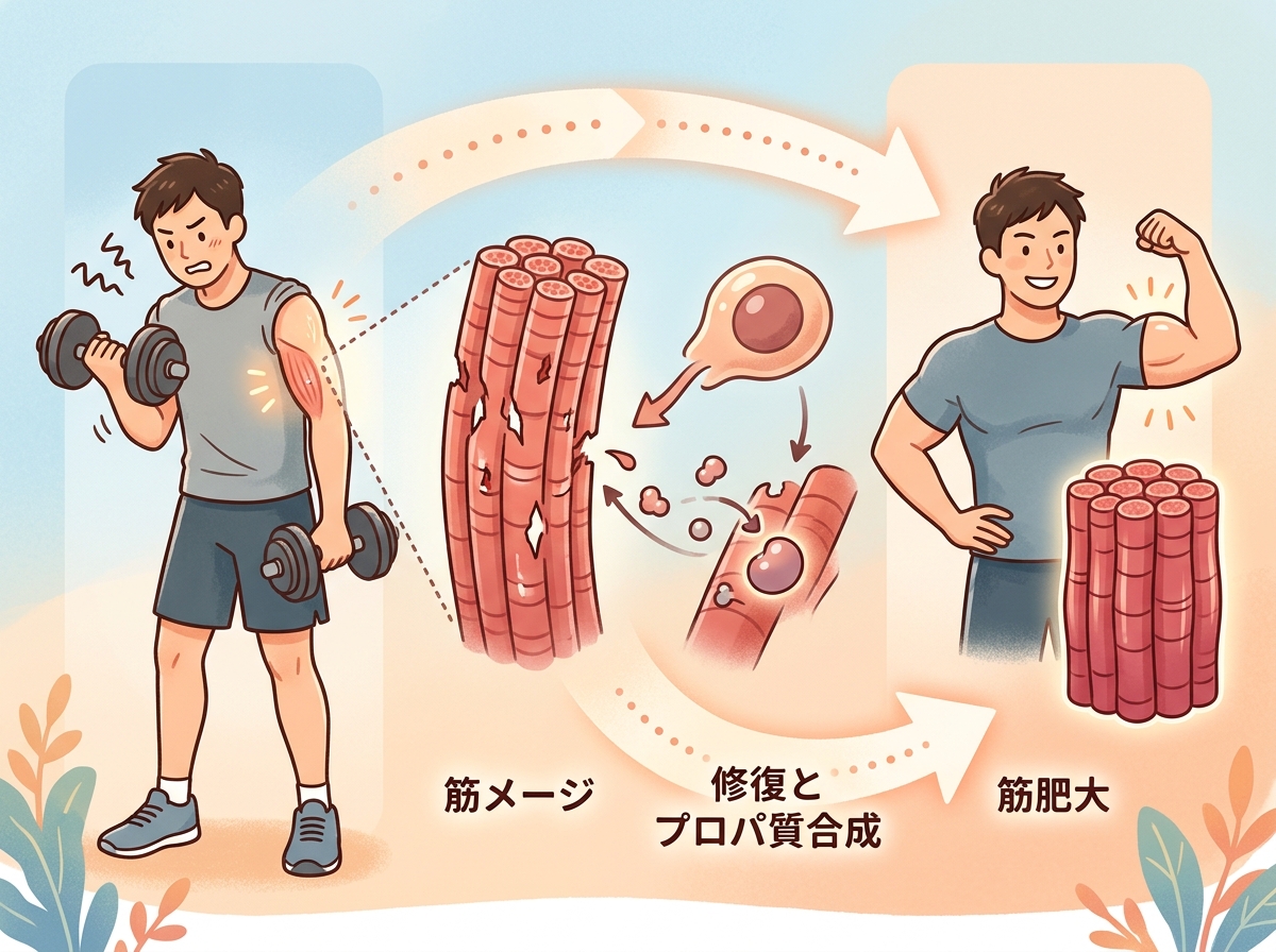 Professional illustration for article section about: 筋肥大の基本メカニズム. 日本人が理解しやすい自然で親しみやすい画像。写真のようなリアルさでは