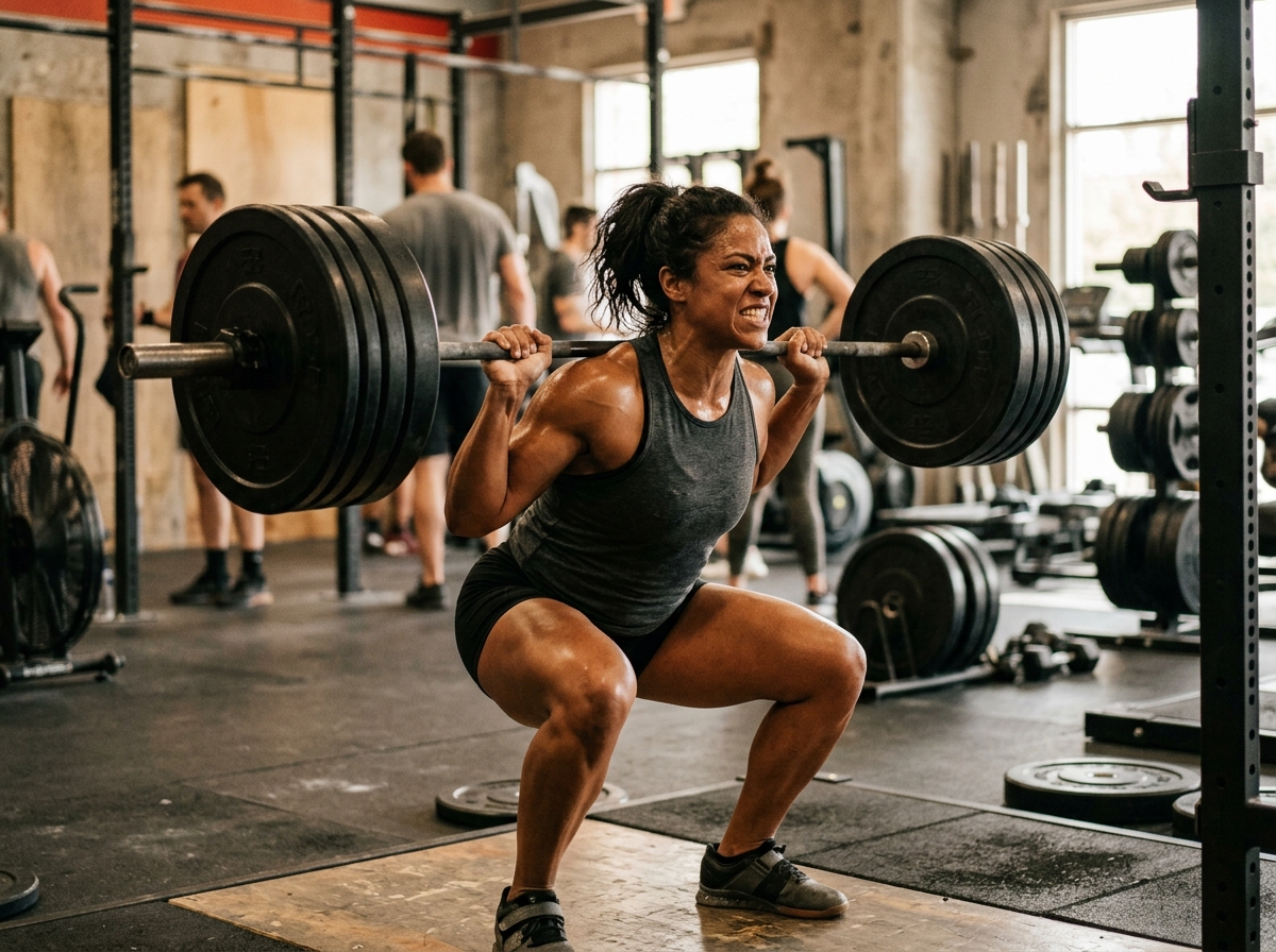 A muscular man or woman performing strength training in a gym setting, showcasing defined muscles an