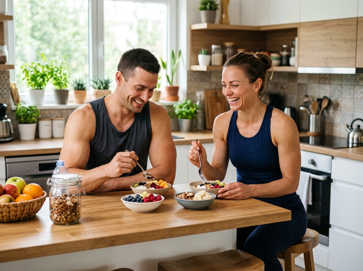 A fitness-focused scene featuring a muscular man and woman enjoying healthy snacks such as fruits, n
