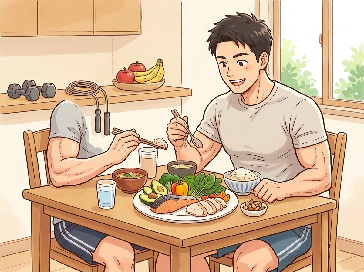 Professional illustration for article section about: 筋肥大のための基本栄養素. 日本人が理解しやすい自然で親しみやすい画像。写真のようなリアルさで