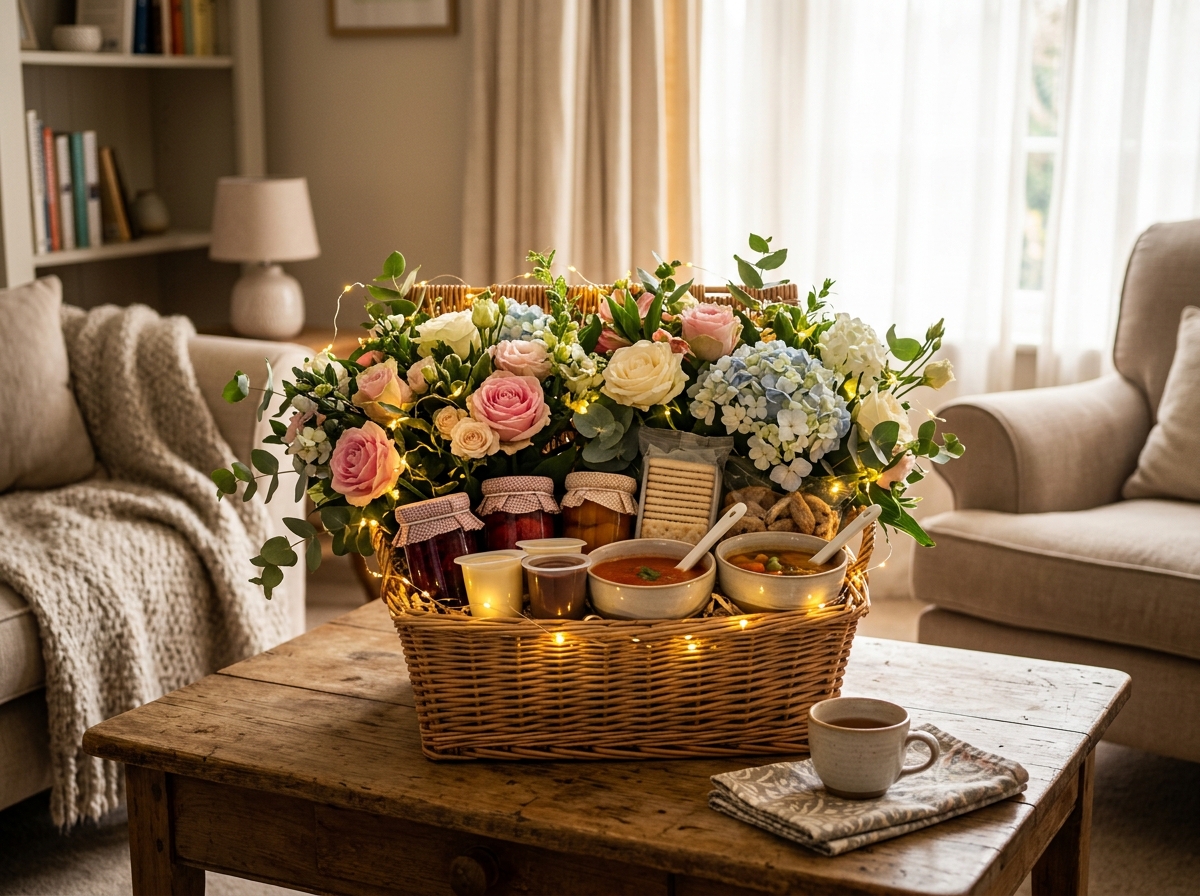 A cozy home setting featuring a beautifully arranged gift basket filled with soft foods like jelly, 