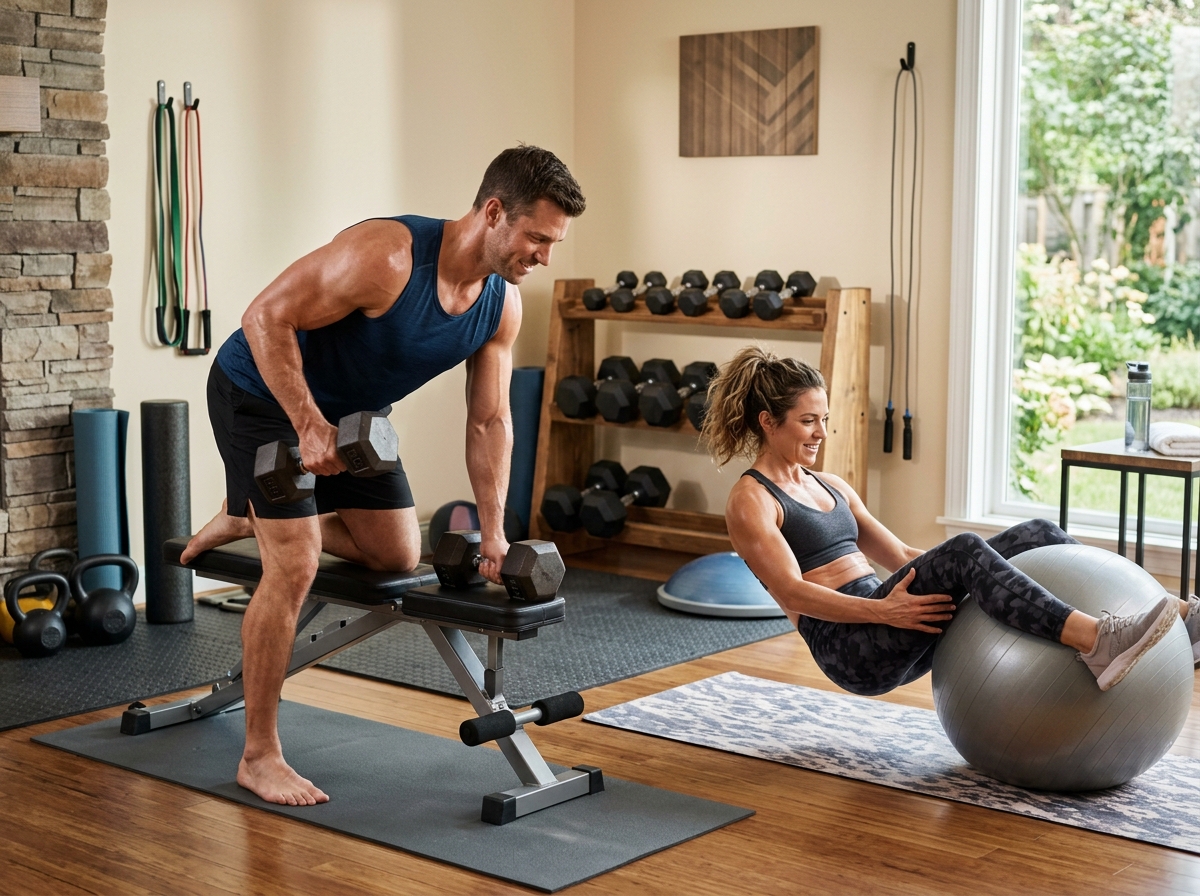 An image of a well-built man and woman engaged in a workout session in a home gym, surrounded by var