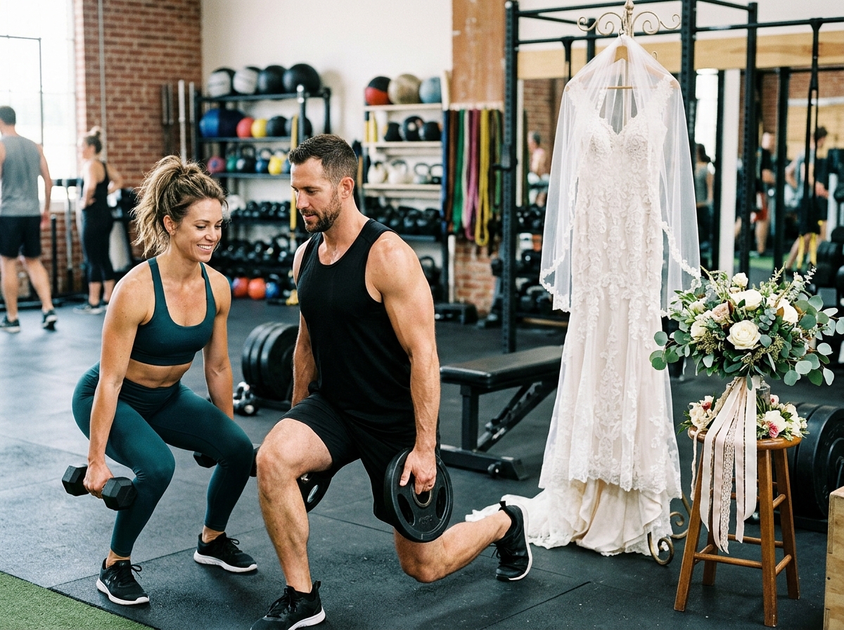 A fit man and woman engaged in a gym workout, surrounded by wedding preparation items like flowers a