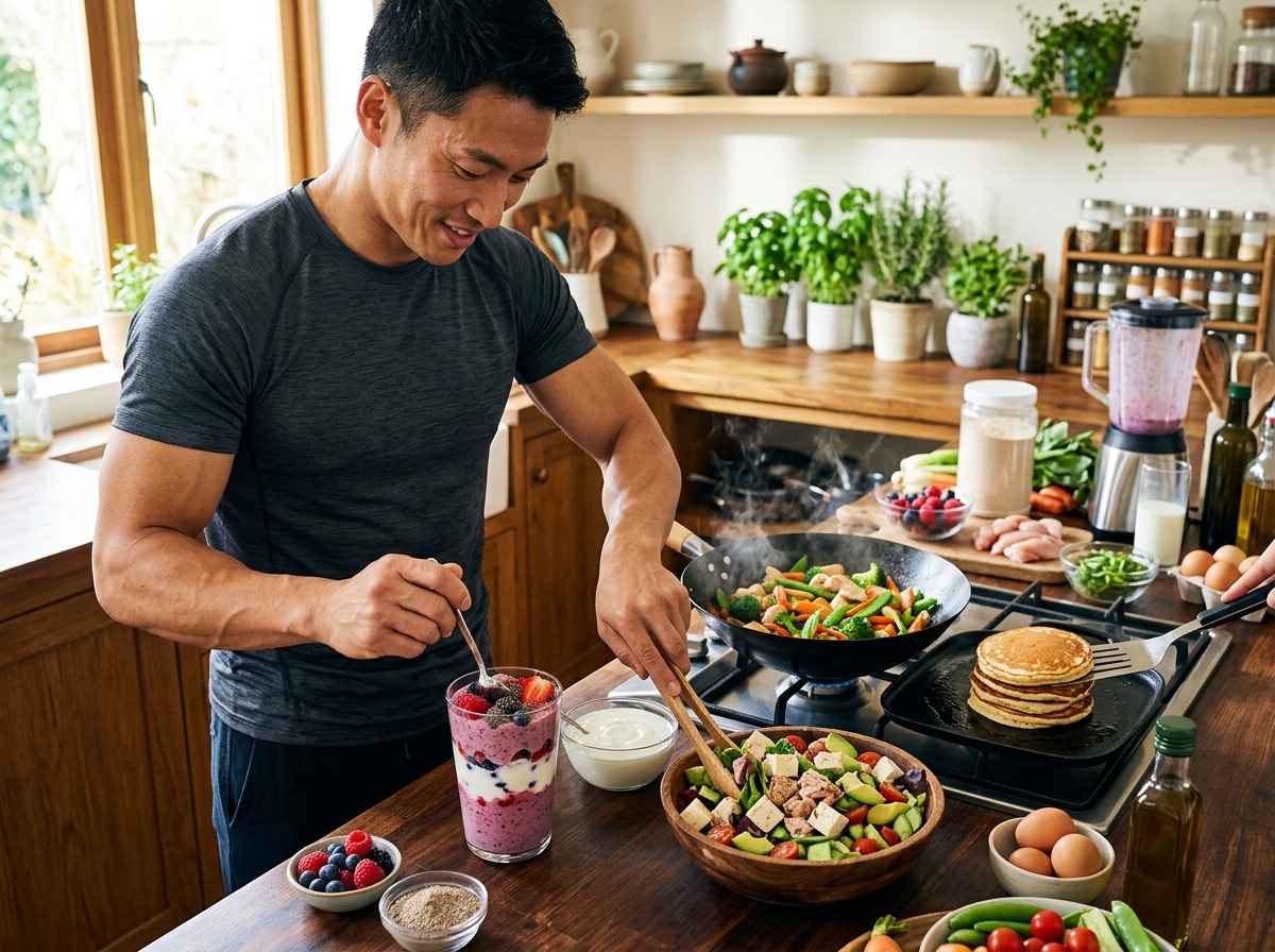 A vibrant kitchen scene showcasing a muscular person preparing high-protein recipes. The focus is on