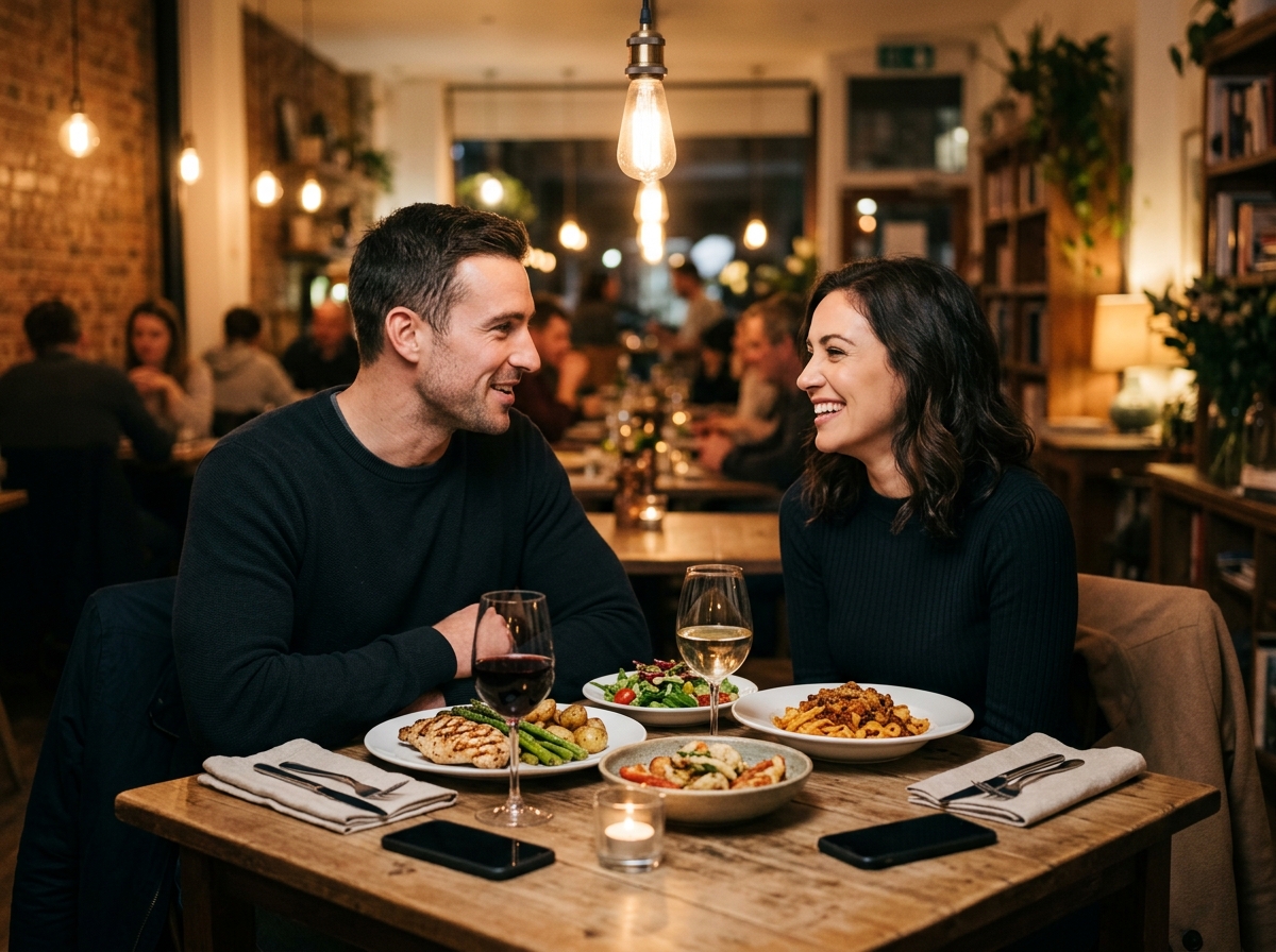 A cozy café setting with a beautifully arranged table for two, featuring appetizing dishes and drink