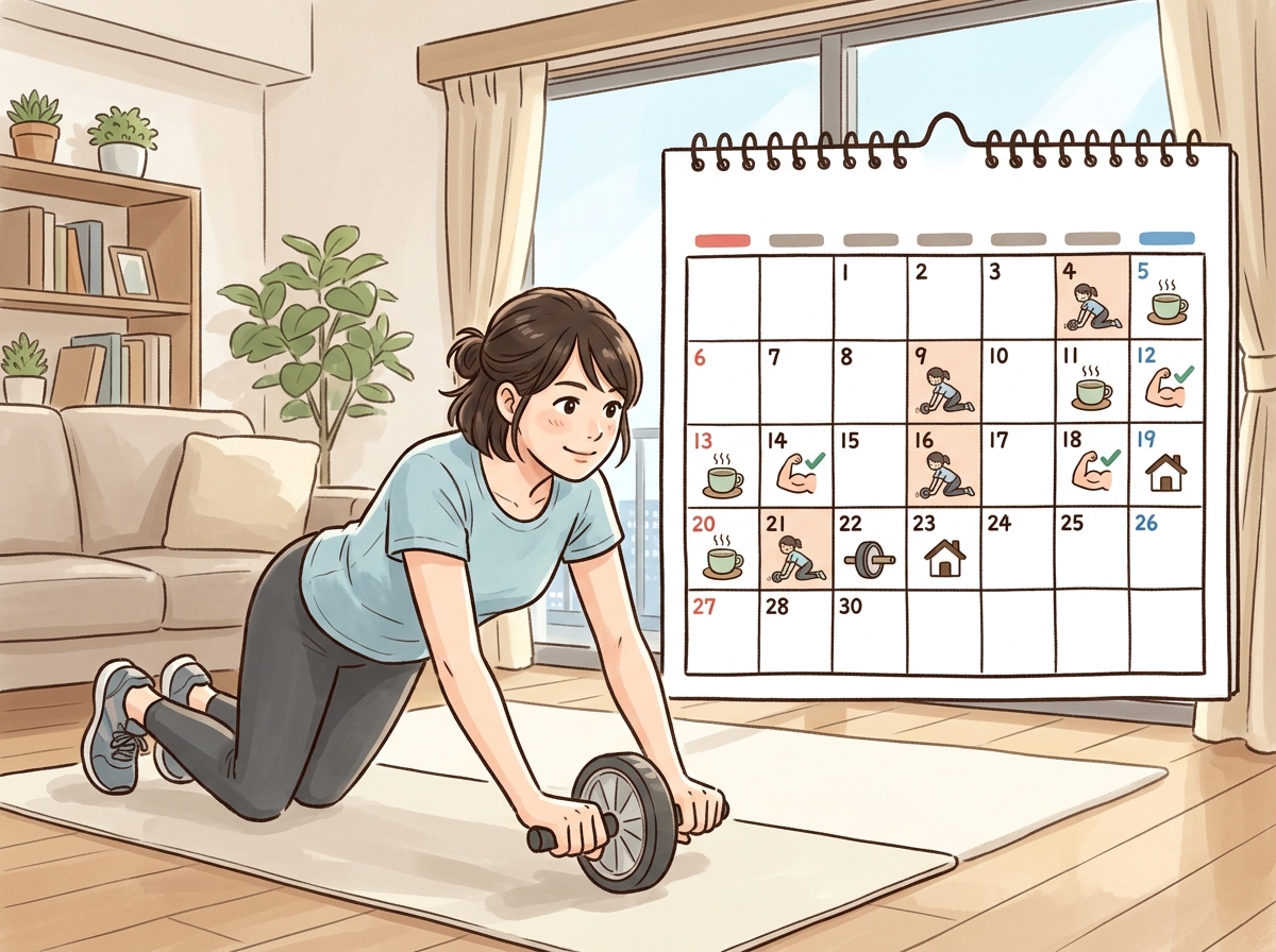 Professional illustration for article section about: 腹筋ローラーの効果を引き出すトレーニング頻度. 日本人が理解しやすい自然で親しみやすい画像。写